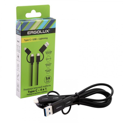 15248 Кабель 4 в 1 USB/Type C-Type C/Lightning 5А 60Вт 1.2м З+ПД коробка черн. Ergolux  фото 2