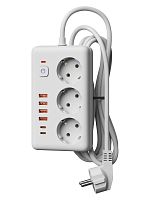 FKsm3m-3gPF(W)USB Удлинитель с сетевым фильтром 3х3м 10А 4USB + 2USBC 2500Вт ПВС 3х1 прямоуг. бел. КОСМОС 
