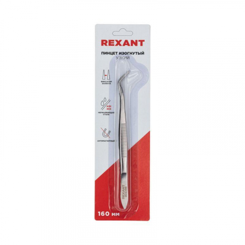 12-0358 Пинцет изогнутый узкий фиксатор рифленый 160мм Rexant  фото 3