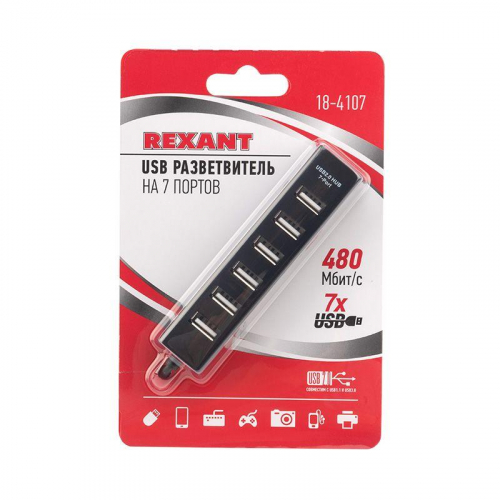 18-4107 Разветвитель USB на 7 портов черн. Rexant  фото 2