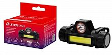 14268 Фонарь аккумуляторный налобный E1340 XPE + COB LED 3Вт 2 режима аккум. 3.7В магнит диммир. черн. (бокс) Ultraflash 