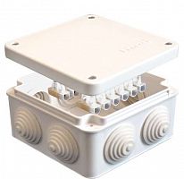110043 Коробка распределительная ОП 105х105х56мм IP54 с клемм. 7 выходов 4 гермоввода 10А 12 контактов крышка на винтах бел. Epplast 