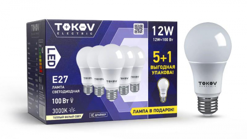 Promo-A60-E27-12-3K Набор ПРОМО лампа светодиодная 12Вт А60 3000К Е27 176-264В (Promo 5+1 шт) TOKOV ELECTRIC 