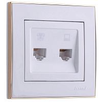 703-0226-143 Розетка компьютерная + телефонная 2-м СП Rain RJ45 + RJ11 с зол. боковой вставкой бел. LEZARD 
