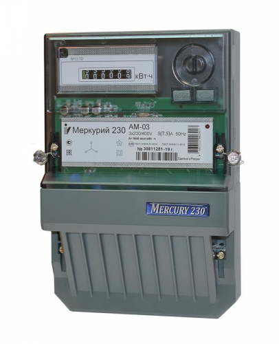00000032429 Счетчик Меркурий 230 AM-03 3ф 5-7.5А класс точн. 0.5S 1 тариф. импульс. вых. на панель мех. ОУ Инкотекс 