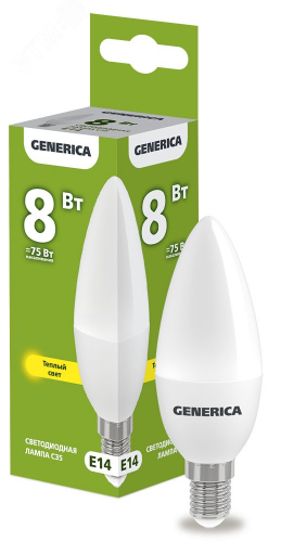 LL-C35-08-230-30-E14-G Лампа светодиодная C35 свеча 8Вт 230В 3000К E14 GENERICA