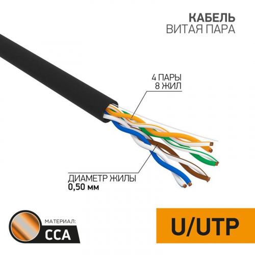 01-0045-3 Кабель витая пара U/UTP кат.5E 4х2х24AWG омедненный наружн. прокладки черн. 305м (м) PROCONNECT 