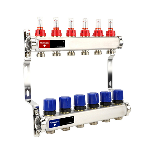 VM15106 Группа коллекторная с расходомерами VARMEGA  ВР 1", на 6 контуров 3/4" EK, нерж. сталь