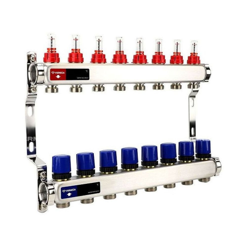 VM15108 Группа коллекторная с расходомерами VARMEGA  ВР 1", на 8 контуров 3/4" EK, нерж. сталь