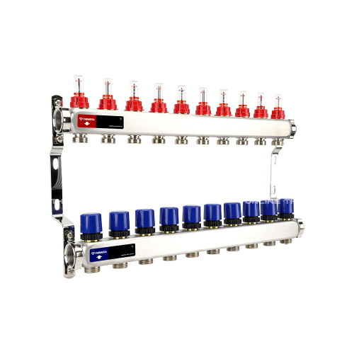 VM15110 Группа коллекторная с расходомерами VARMEGA  ВР 1", на 10 контуров 3/4" EK, нерж. сталь